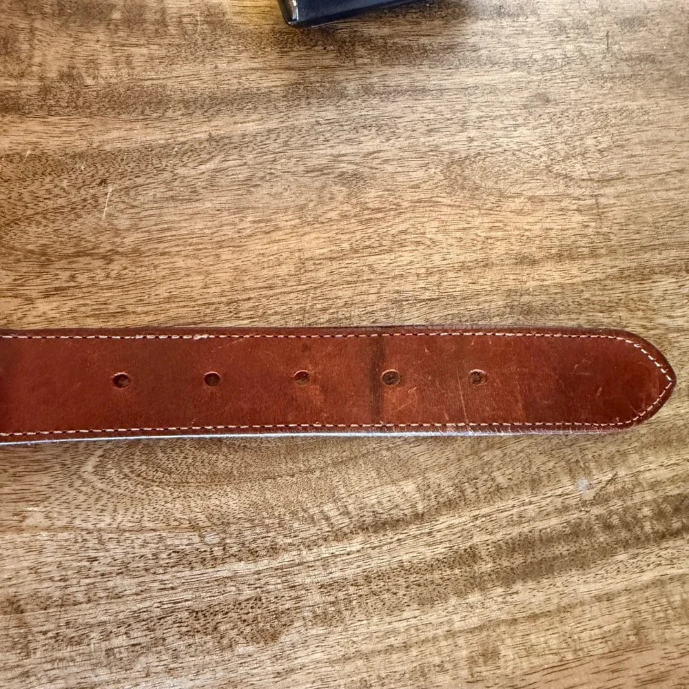 Leather Nautical Inlay Flag Belt Mens 40 Brown Brass Buckle Preppy Coastal Style